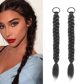 2Pcs Braided Ponytail Extensions with Hair Ties Soft Synthetic Hair Pieces Natural Black Color Hair Extensions Straight Wrap Around Double Ponytail for Women Cosplay Party Daily Wear (16 Inch)