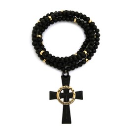 NYFASHION101 Veritas Aequitas Cross Pendant 6mm 30" Black Wooden Bead and Metal Disc Necklace, Black/Gold-Tone
