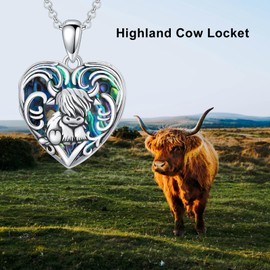 MEIDERBO Highland Cow Locket Abalone Shell Necklace 925 Sterling Silver Photo Pendant That Holds Pictures Cow Jewelry Gifts for Women Mom