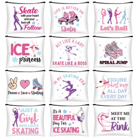 Sunnymove 12 Pcs Ice Skating Makeup Bag for Women Figure Skate Cosmetics Bag Zipper Pouch Christmas Gifts for Skater Lovers Coach Birthday Skating Party Favor