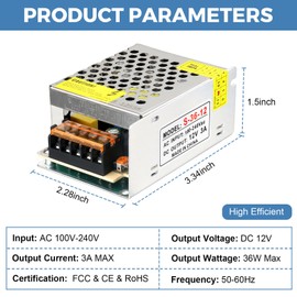 HPMN 12V 3A Power Supply 36W AC/DC Adapter Switching Power Transformer AC 100V-240V to DC 12 Volt 3 Amp Converter Low Voltage Output for LED Strip Light Security System CCTV Camera