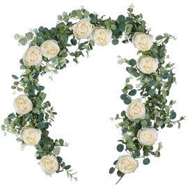 SHACOS Eucalyptus Artificial Flowers Garland 6FT/185CM Fake Peony Flower Hanging Garland Silk Peony Flowers Greenery Garland Eucalyptus Leaves for Backdrop Wedding Party Table Runner Vine