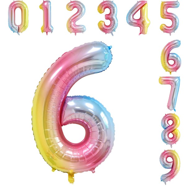 CCINEE Balloons, Number Balloons, 35.4 inches (90 cm), Large, Aluminum, Birthday, Merry, Christmas, Party, Happy Birthday Decoration, Unbreakable (Number 6, Rainbow Color)
