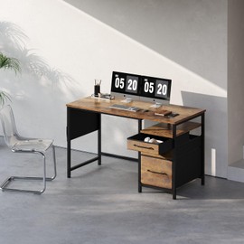 Maihail Computer Desk with Drawers, 47 inch Desk with 2 Drawers and Shelves, Office Desk with Storage, Desk with Storage Bag, Home Office desks with Drawers, Metal Frame for PC Laptop, Rustic Brown2