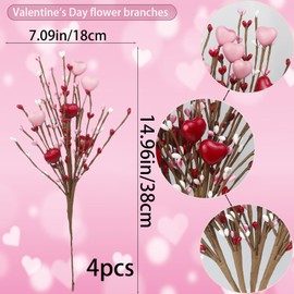 ACRYCS 4 Pcs Valentines Day Decor Artificial Flowers Berry Stems Valentine’s Day Picks Artificial Berry Flower with Pink Red Hearts Valentine Floral Picks for Table Centerpiece Anniversary Wedding