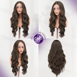 FESHFEN Lace Front Perücke – Lange Lockige Gewellte Kunsthaar Perücken mit 34x11x3 cm HD Lace Perücke für Frauen, Mittelbraun 70 cm