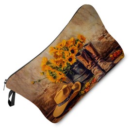 Livel lhood Floral Western Boots Print Makeup Bag Western Cowboy Hat Small Organizer Bag Zipper Pouch Cowboy Style Oil Painting Cosmetic Bag Present for Women Friends