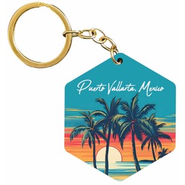 R and R Imports Puerto Vallarta Mexico Souvenir Hexagon Wooden Keychain Watercolor Beach Design Single