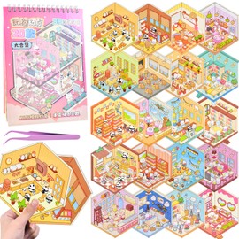 DIY Fun 3D Mini Animal House Scene Stickers Book with Tweezers Make Your Own Library Shop Sticker Scenes Cute Micro Stickers for Relief Stress Pass The Time(20 Designs)