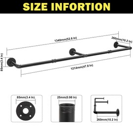 Winmien Industrial Pipe Clothes Rack, 50 In Heavy Duty Wall Mounted Garment Rack, DIY Rustic Iron Clothing Bar for Bedroom Closet Laundry Room, Multi-Purpose Hanging Rod, Matte Black