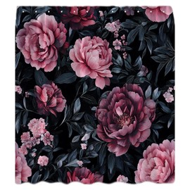 KDYDK Black Floral Shower Curtain Vintage Boho Retro Rose Peony Botanical Rustic Flower Leaves Watercolor Spring Plant Decor Bathroom Curtain Set with Hook