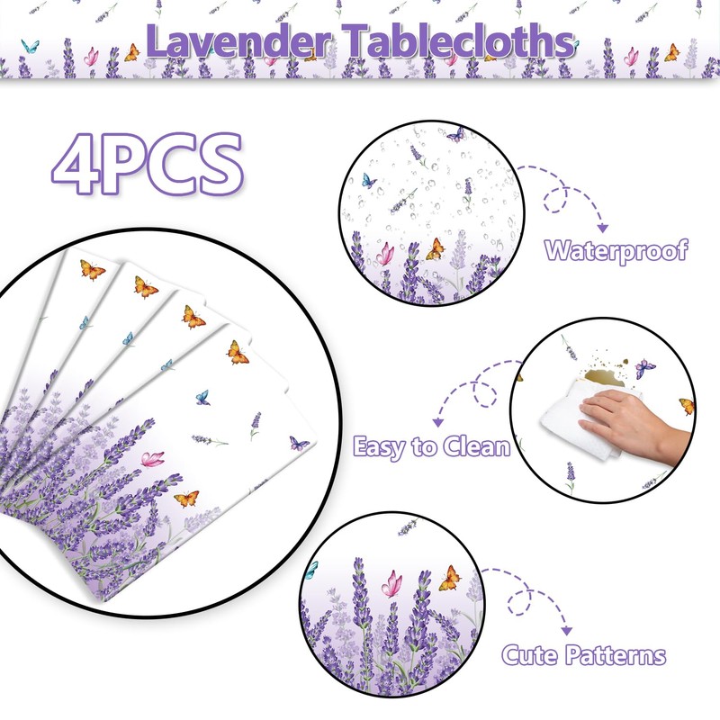 PTECDROTS 4Pcs Lavender Tablecloths Rectangle Purple Flower Table Cloths Butterfly