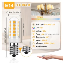 Chinnor E14 LED Bulb, LED E14 Light Bulbs 4W Equivalent 40W, Warm White 2700K T6 Bulb 120V 450LM, E14 European Base Led Bulbs for Fridge Light Bulb,Range Hood Light Bulbs, 5 Pack