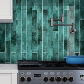 Decopus Luxury Peel and Stick Subway Tile Backsplash (Green Emerald in Brick 2.5" x10"Brick x 42 pcs) Hard as Stone for Wall of Kitchen, Bathroom, Accent Wall, Car Camper, Stickon for Remodeling
