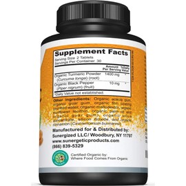 Sunergetic USDA Certified Organic Turmeric Supplement – Includes Organic Turmeric & Organic Black Pepper – 1,400mg of Turmeric per Serving - 60 Count (Pack of 1)
