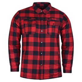 Mens Armored Checkered Flannel Biker Shirt, Multiple Waterproof Storage Pockets CE Approved Armor Reinforced Water Resistant (Red, XL)