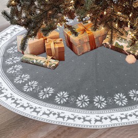 Dremisland Large Christmas Tree Skirt, 48 Inch Rustic Christmas Tree Mat with Snowflake Reindeer Grey Knitted Xmas Tree Skirts for Home Party Holiday Indoor Outdoor Decoration