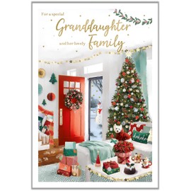 Granddaughter and Her Family Christmas Card - Special Finishes - Cosy Decorated Lounge and Dog - Artistic Festive Design - Illustrated Insert Leaf - Made in the UK - Eco-Friendly