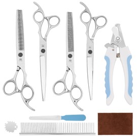 Professional Dog Grooming Scissors Set – 7 Inch Chunkers Shears for Curved Dog Grooming Scissors, Thinning Shears, Comb, Nail Clippers, File & Cleaning Cloth – for Dogs & Cats (Silver)