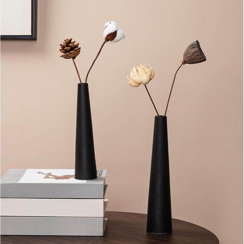 8.5 Inch Tall Conic Black Ceramic Flower Vase Small Bud