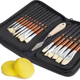 DUGATO Artist Oil Paint Brush Set, 15pcs White Hog Hair Includes Pop-up Carrying Case with Painting Knife and 2 Sponges Perfect for Acrylic, Oil, Gouache, Watercolor Painting