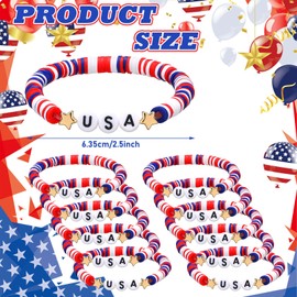 Huquary 48 Pcs USA Bracelets Bulk 4th of July Accessories Red White and Blue Polymer Clay Beaded Stretch Bracelets for Women USA Jewelry Independence Day 4th of July Patriotic Party Favors Gifts