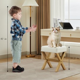 LVHOMLAX Square Makeup Stools,Fabric Small Ottoman Seat Solidwood X-Leg,18''-Vanity Stool of No Metal Rivets,Modern Padded Multi-Use for Bedroom,Makeup Room,Living Room,Snow White+Champagne Golden