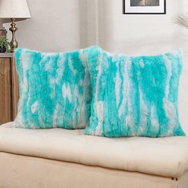 BYTIDE Jacquard Faux Fur Decorative Square Throw Pillow Covers 20 x 20 Inches Set of 2, Furry Fluffy Plush Soft Luxury Cushion Case Pillowcase for Couch Bed Car Bedroom Living Room, Blue White