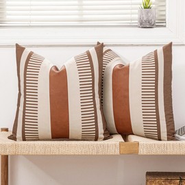 Vfuty Farmhouse Stripe Pillow Cover 18x18 Boho Accent Cushion Case Faux Leather Decorative Pillowcase,Cocoa Brown and Beige (Cover ONLY, Pack of 2)