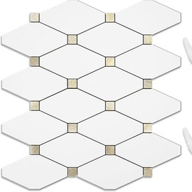 STICKGOO 10 Sheets Peel and Stick Backsplash, Peel and Stick Mosaic Tile, Self Adhesive Mixed Metal Backsplash for Kitchen, Bathroom, Fireplace, RV - Color: Pure White, Specification: 10PCS