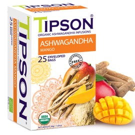 Tipson Organic Ashwagandha Tea Infusions - Mango - 25 Premium Tea Bags - Caffeine Free - Non GMO - Gluten free