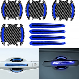 8Pieces Universal 3D Carbon Fiber Auto Door Handle Scratch Protection Cover Guard Film, Universal Car Door Cup Handle Paint Scratch Protector Sticker Car Door Handle Safety Reflective Strips (Blue)