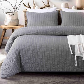 NTBAY Seersucker Queen Textured Duvet Cover Set, 3 Pieces (1 Duvet Cover + 2 Pillow Cases), Dark Grey Stripe Washed Microfiber Comforter Cover with Zipper Closure, Queen (90x90 Inches), Dark Grey