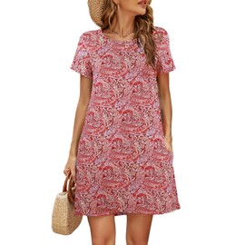 Halife Women Boho Dresses Summer Retro Paisley Printed Ethnic Style Sundresses with Pockets Cashew Red,L