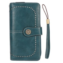 RFID Blocking Leather Wallet Large Capacity Double Snap Button Women Wallet with Removable Wrist Strap Peacock Blue