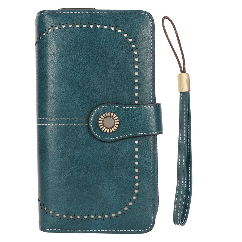 RFID Blocking Leather Wallet Large Capacity Double Snap Button Women