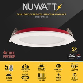 NUWATT 6 Pack, 6 Inch 2 hour Fire Rated Ultra-Thin LED Baffle Trim Recessed Light, 2700K/3000K/3500K/4000K/5000K Selectable, Dimmable 1200LM, IC Rated, Wet Rated Canless Downlight, No Fire Cone Needed