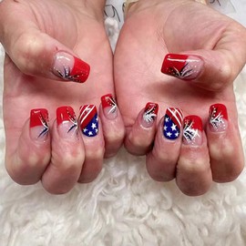 4th of July Press on Nails French Tip Independence Day Fake Nail Short Square False Nails with Star and Stripe Design Red Blue Glossy Artificial Full Cover Glue on Nail for Women Nail Decoration