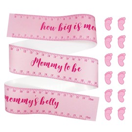 Baby Shower Game Belly Measuring Tape for Girls Gender Neutral, 75 Inch Mommy Pregnant Belly Tape Pink Tummy Measuring Tape with Footprint Stickers for How Big is Mommy Belly Game Supplies