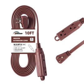 HONDERSON 3-Outlets Flat Plug Extension Cord Outlet Extender, UL Certified, Indoor Extension Cord 16 Gauge 10FT Brown 3 Prong, 16/3 SPT-3 13A Power Strip