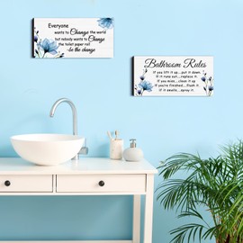 Jetec 2 Pieces Funny Bathroom Signs Bathroom Wall Decor Toilet Wall Accessories Farmhouse Toilet Rustic Wooden Signs(Blue Floral)