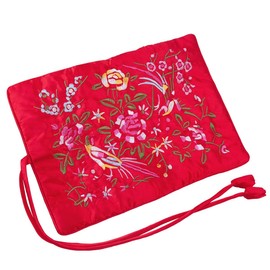 KYEYGWO Chinese Embroidery Travel Jewelry Roll with Flowers and Bird Embroidery, Jewelry Organizer Portable Hand Roll Bag Jewelry Bag for Necklace Ring Bracelet Storage, Red