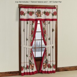 Holiday Bells Luxury Window Treatment | Lightweight Woven Jacquard Tapestry Style Christmas Curtains Valance | Gold Bells Poinsettia Flowers Holly Leaf | Festive Tailored Valance Curtain Pair Drapery