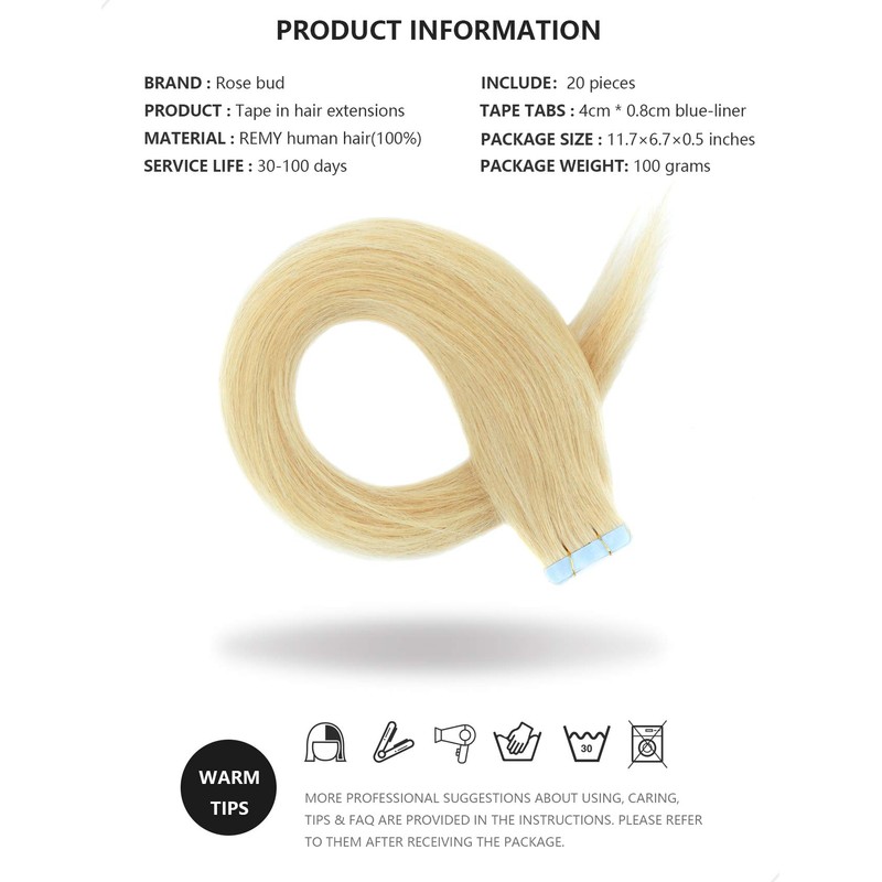 ROSEBUD Tape in Hair Extensions REMY Human Hair, Secure Skin