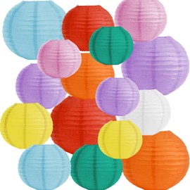 DEWEL Paper Lanterns, Decorative Lanterns, Colorful, Set of 16, 4 x 9.8 inches (25 cm) Diameter, 8 x 7.9 inches (20 cm) Diameter, 4 Inches (15 cm) Diameter, Paper Lanterns, Parties, Events, Festivals,