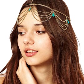 Aneneiceera Boho Layered Turquoise Headband Headchain Gold Tassel Dangle Teardrop Hair Chain Gypsy Headpieces Festival Prom Wedding Hair Accessories for Women and Girls