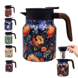 Vintage Floral Pattern Tea Thermos, Doresty Tea Thermos, Vintage Floral Pattern Tea Thermos Built-in Infuser Stainless Steel Thermal Carafe with Lid for Hot Drinks(Wooden handle,35oz)