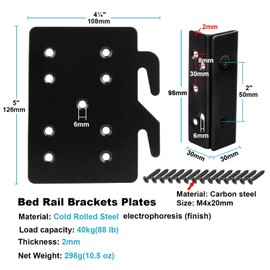 GBGS 4 Sets Bed Frame Bed Post Double Hook Slot Bracket, Cold Rolled Steel 5" ×4¼", Thickness 2 mm,Heavy Duty for Bed Rail Hooks Plates Bed Accessories, Screws Included