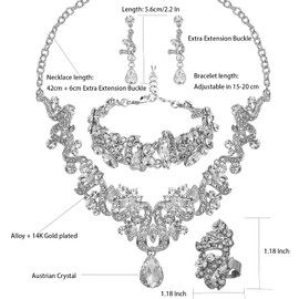 Women's Jewelry Set Rhinestone Crystal Bride Statement Snake Necklace Link Bracelet Teardrop Dangle Earrings Set for Wedding Party Gifts fit with Wedding Dress(Set001-Style2-White-Platinum Plated)