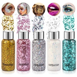 Body Glitter Gel, Vegena 5 Bottles Glitter Face, Chunky Glitter, Make-Up Carnival Face Glitters for Cosmetics, Face, Hair, Lips, Nails, Festival, Party Make-Up (White + Silver + Gold + Pink + Green)